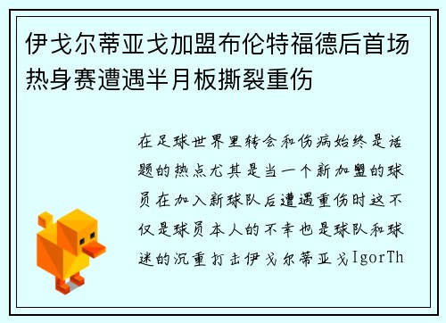伊戈尔蒂亚戈加盟布伦特福德后首场热身赛遭遇半月板撕裂重伤