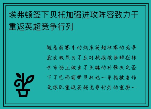 埃弗顿签下贝托加强进攻阵容致力于重返英超竞争行列