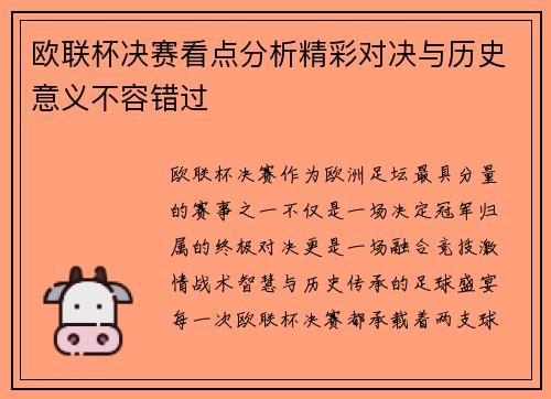 欧联杯决赛看点分析精彩对决与历史意义不容错过 欧联杯决赛看点分析精彩对决与历史意义不容错过